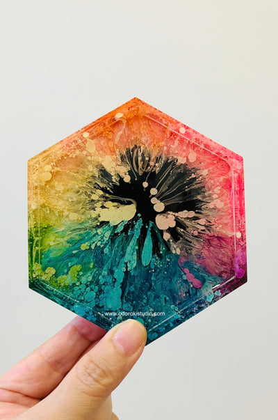 Alcohol Ink Coaster- Rainbow Hexagon